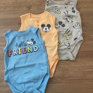 Disney Mickey Mouse Baby Bodysuit 3 Pack - Blue, Orange, Gray Size 6-9 Months